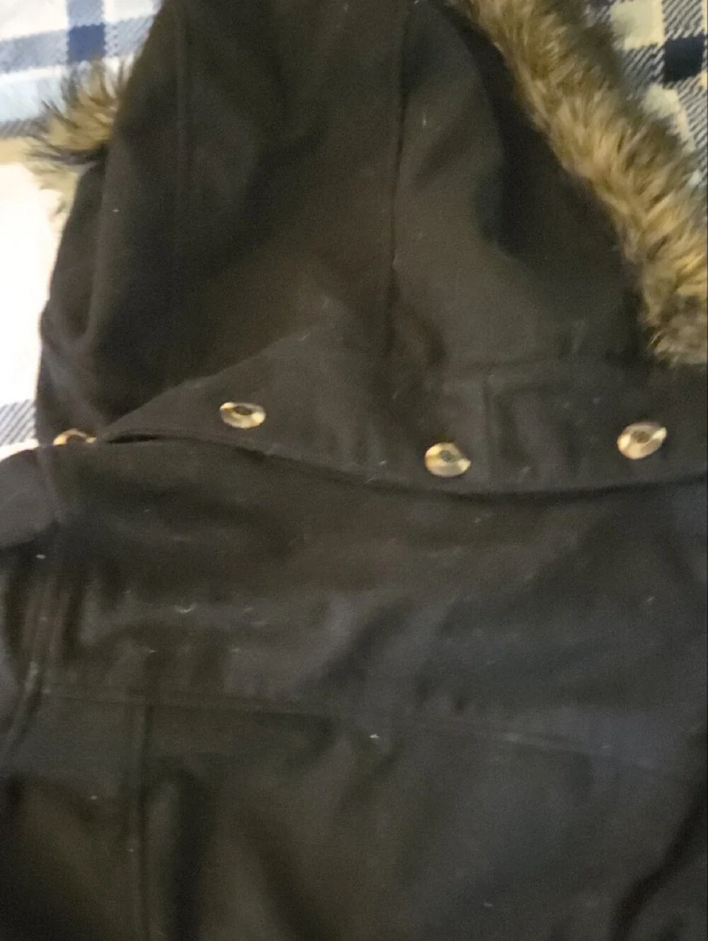 Free People Black Hooded Puffer Coat with Faux Fur Trim, 10 - Vintage